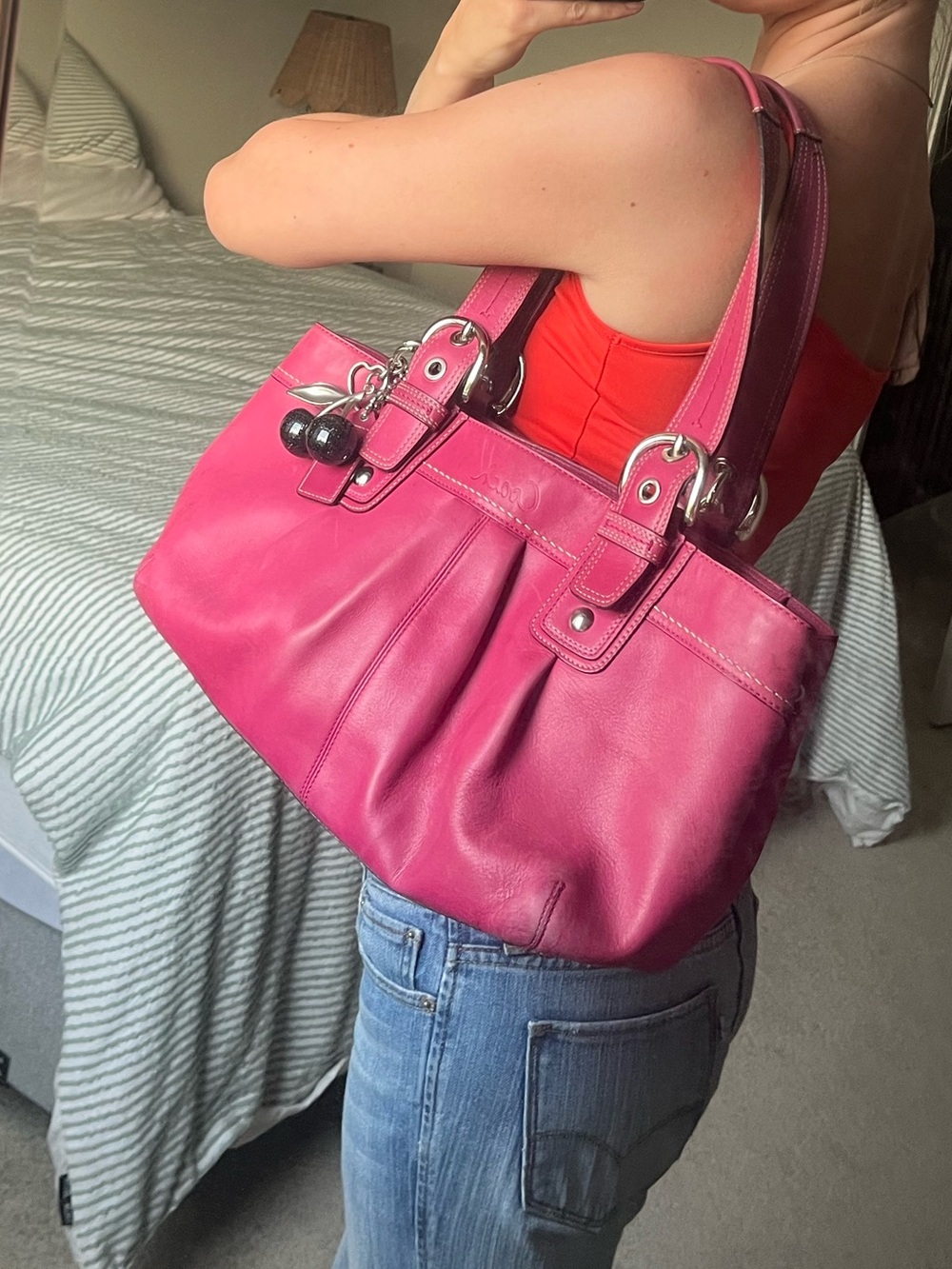 Coach Pink Leather Tote with Cherry Charm - Picture 7 of 7